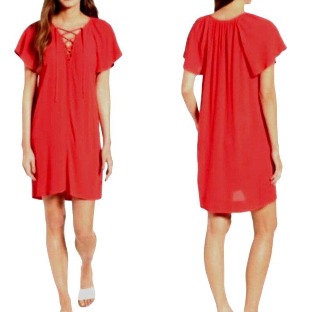 Madewell Little Red Mini Dress Sz M Lace Up Flutter Casual Chic Party Vamp Boho